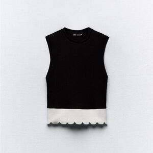 Zara Black Sleeveless Knit Top with White Scalloped Hem